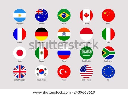 The Group of Twenty flags rounded icons. G20 official signs with members countries names. Vector USA ,Canada, France, Germany, Italy, Japan, UK, EU, China simple badges. Circle geometric shapes