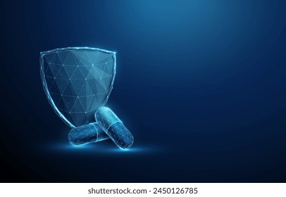 Group of two abstract blue medical drug capsules and futuristic guard shield. Healthcare medical and pharmacy concept. Low poly style design. Geometric background. Wireframe. Modern 3d graphic. Vector