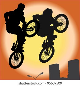 The group of two  bicyclist on a bicycle in a jump, illustration