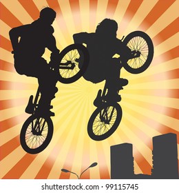 The group of two  bicyclist on a bicycle in a jump, illustration