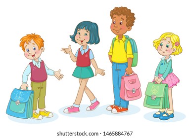 Group of two boys and two girls with schoolbags. In cartoon style. Isolated on white background. Vector illustration.