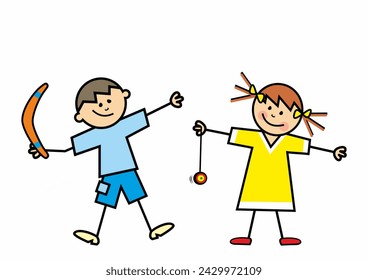 Group two children, boy with boomerang and girl with yo yo, toys, leisure activity, vector illustration