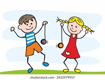 Group two children,boy and girl with yo yo, toys, vector image