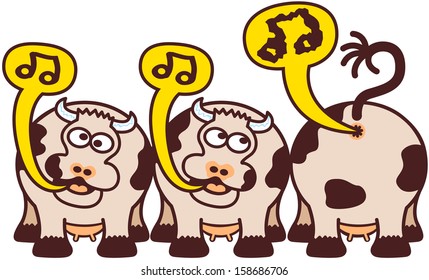 Group of two cute enthusiastic cows and a capricious and headstrong one while singing and farting by showing musical notes inside speech balloons