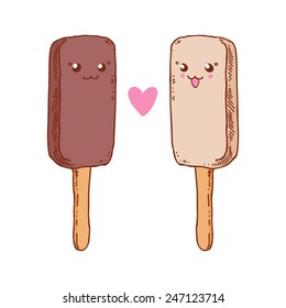 Group of two cute kawaii ice cream bars in love. Sweet chocolate and cream. Good for t-shirt design.