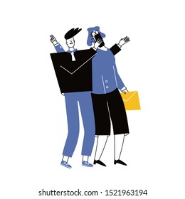 Group of two friends taking a selfie and laughing. Friendship and youth concept. Vector illustration.