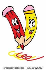 group of two funny crayons, red and yellow colors, vector picture, crazy illustration