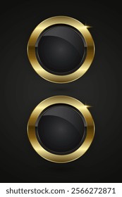 Group of two Luxury Buttons vector Design, Double elegant circle buttons, structure with a deep black core and a polished gold border. The shine on the frame and the starburst accent convey.