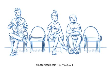 Group of two men and one young woman sitting in a waiting room. Two chairs are empty. Hand drawn line art cartoon vector illustration.