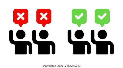 Group of two people with difference survey answer icons. Democracy vote decision. Yes or no choice symbol. Opposition debate argument concept.