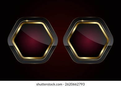 Group of two sleeks and hexagonal button with three glossy black center with a deep red gradient, bordered by a radiant gold trim. Luxury button vector
