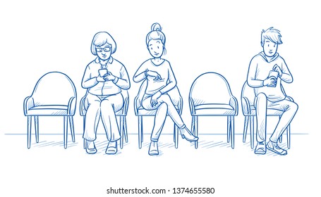 Group Of Two Women And One Young Man Sitting In A Waiting Room. Two Chairs Are Empty. Hand Drawn Line Art Cartoon Vector Illustration.