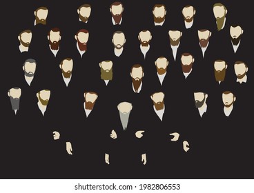 A Group of ultra-Orthodox Jewish men, Torah observant, in traditional dress. Accompanied by an adult rabbi with a gray beard. The figures are bearded in different hair colors on a black background.
