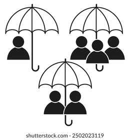 Group under umbrella icons. People protection symbol. Black and white vector. Safety and security.