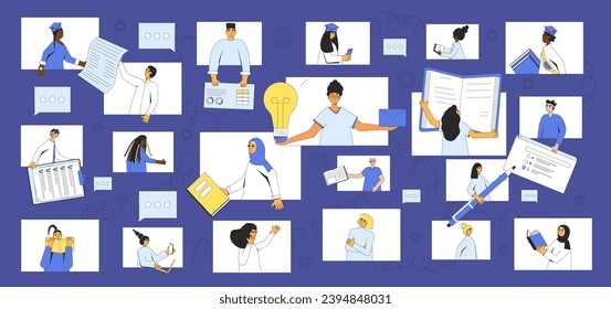 Group of undergraduate and graduate students studying together on the Internet. Learning community concept. Online education. Edtech platform. Vector outline illustration.