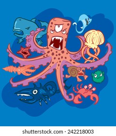 Group of underwater monsters, vector, dark sea
