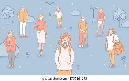 Group of unhappy people wearing protective face masks because of air pollution and standing outdoor in urban park vector cartoon outline illustration. City smog, fine dust, pollutant gas emission.
