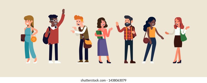 Group Of University Or College Students In Debate. Flat Vector Illustration On Society With Diverse Multiracial Men And Women Having A Conversation. Talking Characters Set