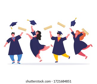 A group of university graduates in black coats jumping with joy.   Diploms and graduating caps flying up in the air. Graduate of educational institution celebrating victory. 