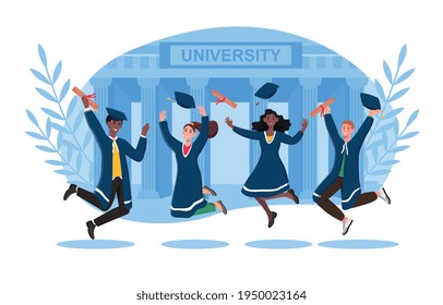 Group of university graduates in black coats jumping with joy after graduation. Graduating caps flying up in the air. Graduate of educational institution celebration. Flat cartoon vector illustration