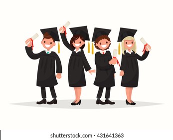 Group of university graduates in black gowns. Vector illustration of a flat design