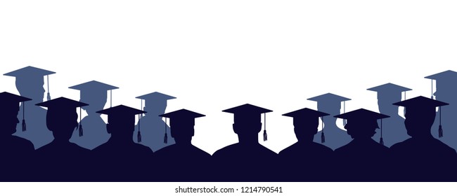 Group of university graduates. Crowd of people of students, in mantles and square academic caps. High school graduation. Audience silhouette vector