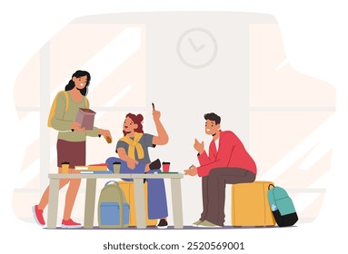 Group Of University Students Enjoying A Study Session Together In A Relaxed Environment. They Are Engaged In Discussion Around A Table, Surrounded By Books And Backpacks in a Collaborative Atmosphere