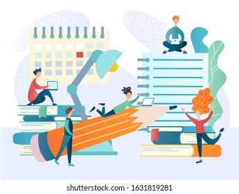 A group of university students is preparing for exams or passing course projects. Intensive learning concept vector illustration. Deadline and burning dates. Teamwork among books and calendar.