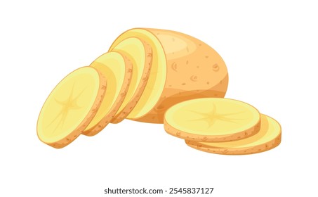 Group of unpeeled potatoes in cartoon style. Vector illustration of fresh and delicious potatoes, half and sliced, isolated on white background. Healthy food. Harvest. Root crops. Starchy vegetables.