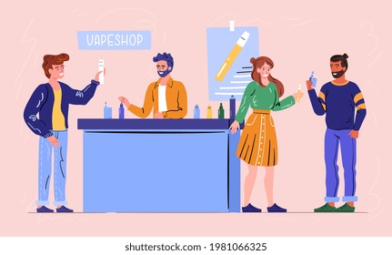 Group of urban hipsters in store buying and testing electronic cigarette products. Smiling man in store selling electronic cigarette products, selection of e-liquids. Flat cartoon vector illustration