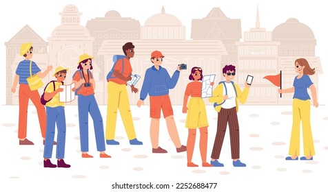Group with urban tour guide. Tourist in travel with camera and map. Young characters travelling, people in journey look sightseeing, snugly vector scene