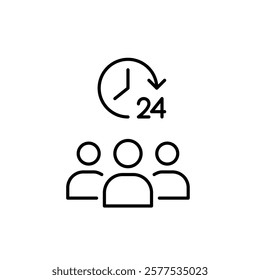 Group of users and 24 hours clock. Round the clock assistance, always available community support. Pixel perfect vector icon