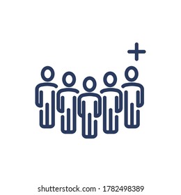 Group of users and add friend thin line icon. Crowd, community, plus, cross isolated outline sign. People, society, social network concept. Vector illustration symbol element for web design and apps