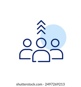 Grupo de usuarios y flechas hacia arriba. Equipo de éxito, superación colectiva. Icono de trazo perfecto y editable del píxel