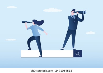 Group of users with binoculars and spyglass discover websites from search box. Research in global network, SEO, search engine optimization. Business people finding new information, job or explore web.