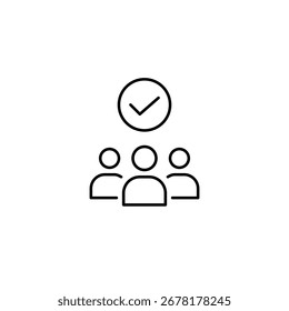 Gruppe von Benutzern und Auswahlfeld. Mitgliedschaft genehmigt, sicherer Zugriff auf die Community. Pixel perfekt, bearbeitbares Strichvektorsymbol