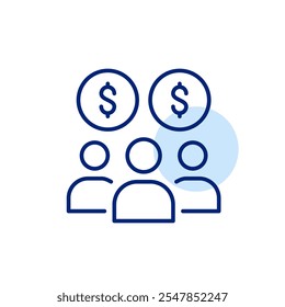 Grupo de usuarios y símbolos de dólares. Relaciones con Clientes y proveedores, alianzas comerciales y empresas conjuntas. Icono de trazo perfecto y editable del píxel
