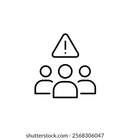 Group of users, exclamation mark and triangle. Community alert, shared danger concern. Pixel perfect vector icon