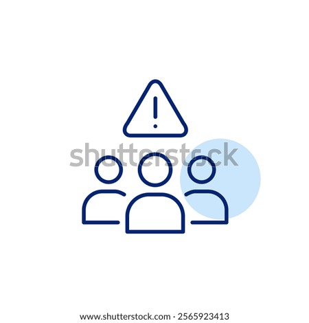 Group of users, exclamation mark and triangle. Community alert, shared danger concern. Pixel perfect, editable stroke icon