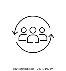 Group of users inside renew arrows. Team renewal, work collaboration or hiring new members. Shared task update. Icon