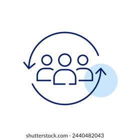 Grupo de usuarios dentro de flechas de renovación. Renovación de equipos, colaboración laboral o contratación de nuevos miembros. Actualización de tarea compartida. Vector