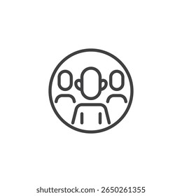 Group users line icon in outline vector style. Depicts a circle of people for teams or social interaction. A user group icon and community symbol.