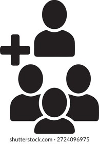 Grupo de usuários com o símbolo de adição representando a criação da equipe, a adição de membros ou o crescimento da comunidade.