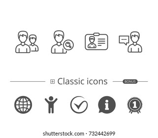 Group of Users, Search and ID card line icons. Profile and Talk signs. Information speech bubble sign. And more signs. Editable stroke. Vector