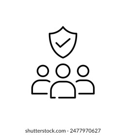 Group of users, shield with checkmark. Verified communication. Secure work and internet environment. Vector icon