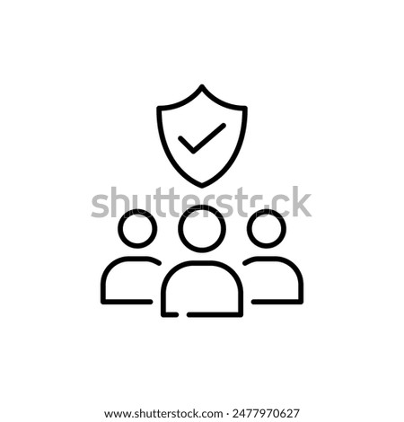 Group of users, shield with checkmark. Verified communication. Secure work and internet environment. Vector icon
