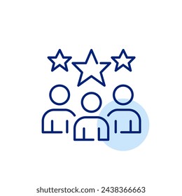 Grupo de usuarios y estrellas. Usuarios altamente calificados o estimados dentro de una comunidad o plataforma. Píxel perfecto, icono editable