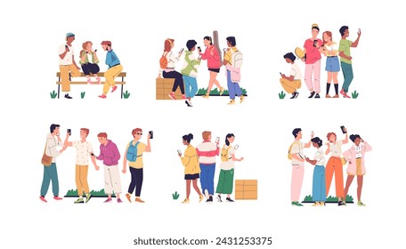 Group using phones. Young person crowd characters smartphone communications, people internet connect digital smart gadget addiction, social media blogger vector illustration of crowd with smartphone