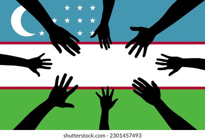 Group of Uzbekistan people gathering hands vector silhouette, unity or support idea, hand gathering silhouette on Uzbekistan flag, teamwork and togetherness concept, union of society