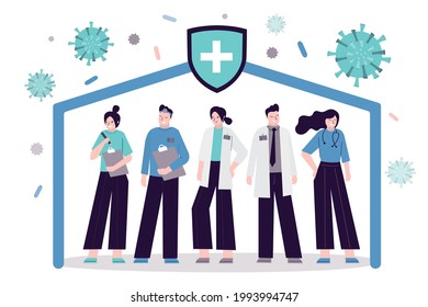 Group of vaccinated doctors and nurses in uniform. Protection and prevention from disease. Medical staff protected from coronavirus. Concept of private clinic and healthcare. Flat vector illustration
